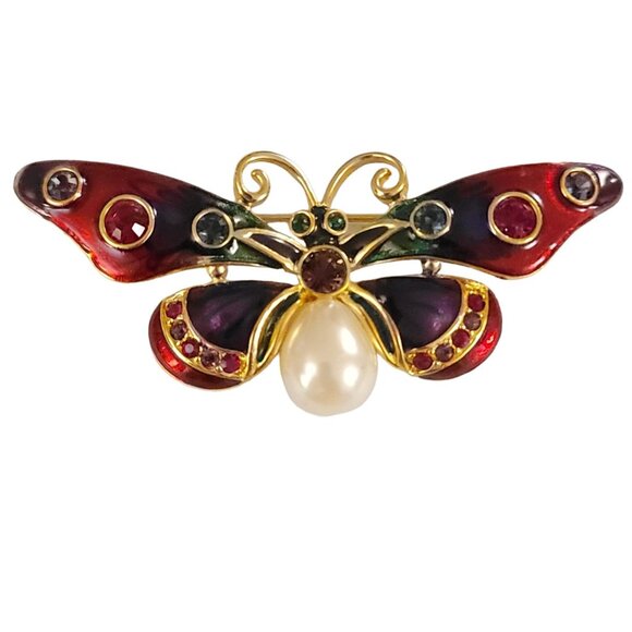 Joan Rivers Gold Tone Enamel Rhinestone Faux Pearl Butterfly Brooch, Signed K523 - Picture 9 of 9